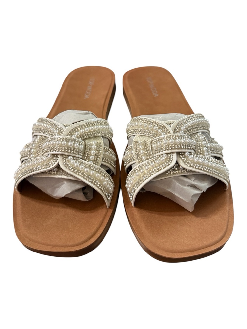 Top Moda Nikki-22 Pearl Embellished Slide Sandals White Size 10 NIB